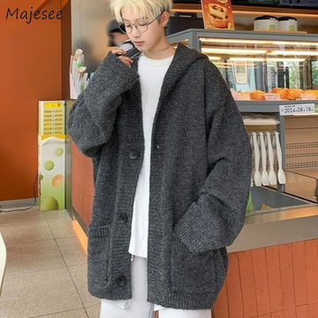 Cardigans Men Loose Korea Style Hooded Warm Autumn Winter Chic Knitted Gray Solid Minimalist Young College All-match Coats Ins